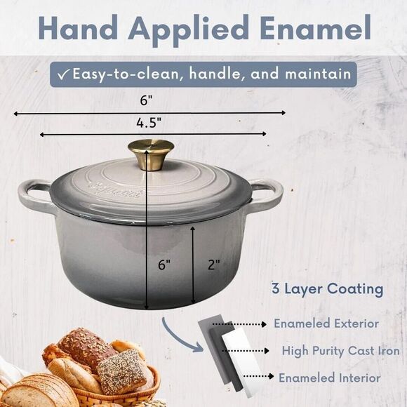 Lexi Home Mini Cast Iron Gray Enameled Cocette with Lid & Handles 8 Oz - Picture 8 of 9